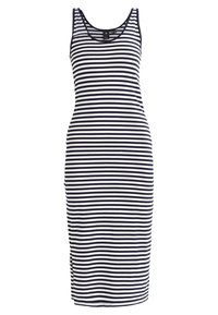 Granatowa i biała, w paski, bezrękawnikowa sukienka, o długości do kolan, z dopasowanym krojem i okrągłym dekoltem, uszyta z miękkiego materiału o lekkim rozciąganiu.