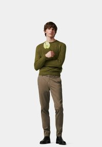 Olive green knitted sweater, fitted khaki pants, and black shoes. Model standing with a plant in hand, simple background.