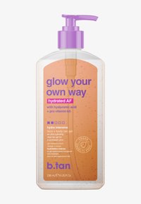 Clear pump bottle of b.tan hydra intensive face and body tan gel with purple pump and orange gel visible inside.