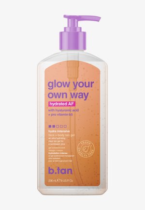 Clear pump bottle of b.tan hydra intensive face and body tan gel with purple pump and orange gel visible inside.