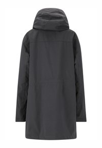 Mörkgrå, huva jacka med lång skärning, slät yta och utan synlig hårdvara eller accenter på baksidan.