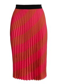 Plisovaná midi sukně s diagonálními červenými a růžovými pruhy a černým elastickým pasem.