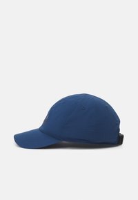 Boné de baseball de tecido azul com aba curva, tira ajustável na parte de trás e ilhós de ventilação, apresentando um pequeno logo na frente.