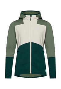 Kapuzenshirt mit Reißverschluss vorne, das einen cremefarbenen oberen und grünen unteren Abschnitt, strukturierten Stoff und seitliche Taschen bietet.
