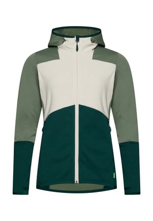 Kapuzenshirt mit Reißverschluss vorne, das einen cremefarbenen oberen und grünen unteren Abschnitt, strukturierten Stoff und seitliche Taschen bietet.