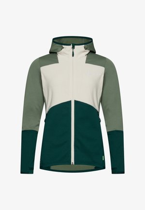 Giacca con cappuccio e zip frontale, con parte superiore color crema e parte inferiore verde, tessuto a rilievo e tasche laterali.