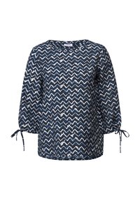 Blusa a righe blu navy e bianca con design a zigzag, scollatura rotonda e maniche a palloncino con chiusure a fiocco sui polsini. Tessuto leggero.