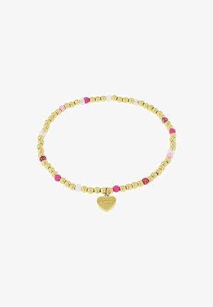 Gouden kralenarmband met pastelroze en witte accentkralen en een hartvormige bedel gegraveerd met "amor."