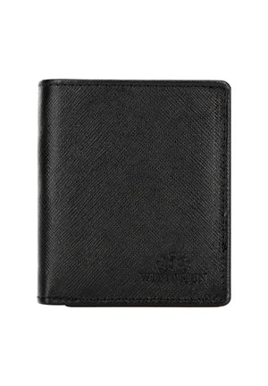 Czarny skórzany portfel o teksturowanej powierzchni, w formacie bi-fold, z wytłoczonym logo w prawym dolnym rogu. Posiada minimalne przeszycia.