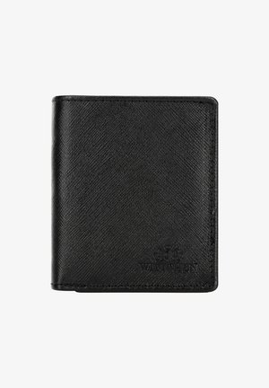 Czarny skórzany portfel o teksturowanej powierzchni, w formacie bi-fold, z wytłoczonym logo w prawym dolnym rogu. Posiada minimalne przeszycia.