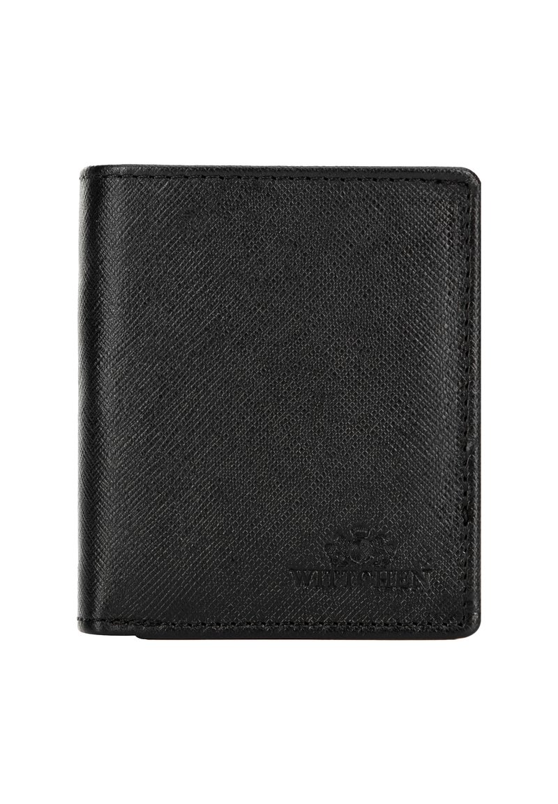 Zwarte leren portemonnee met een gestructureerd oppervlak, een bi-fold ontwerp en een geperst logo in de rechteronderhoek. Bevat minimale stiksels.