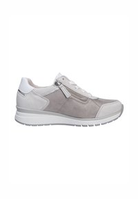 Light gray sneakers made of suede and leather, featuring a side zipper, white accents, textured surface, and a white sole.