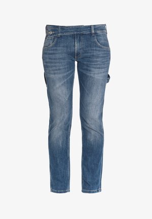 Blaue Denim-Jeans mit geradem Schnitt, klassischem Fünf-Taschen-Design und leicht verblasster Textur. Verstellbare Seitenteile sind enthalten.