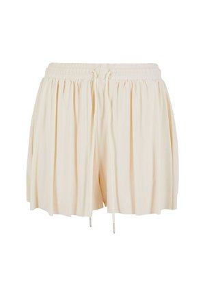 Shorts beige chiari realizzati in tessuto morbido, con una vita elastica dotata di cordoncino e una lavorazione plissettata per un tocco di texture in più.