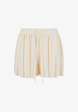 Lys beige shorts laget av mykt stoff, med elastisk midje med snor og plisserte detaljer for ekstra tekstur.