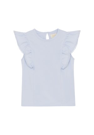 Jasnoniebieski top z krótkim rękawem, ozdobiony falbankami, z okrągłym dekoltem i wycięciem typu keyhole z tyłu. Wykonany z miękkiej bawełnianej tkaniny.