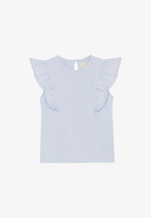Lyseblå kortærmet top med flæsedetaljer, rund halsudskæring og nøglehul ved ryggen. Fremstillet af blødt bomuldsstof.