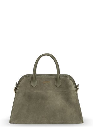 Zielona zamszowa torebka na dwa uchwyty, o usztywnionej formie, z delikatnym złotym logo oraz skórzanymi akcentami w kontrastowym kolorze wzdłuż zamka.