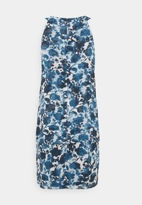 Vestido sem mangas em azul floral com gola alta, tecido fluido e um corte descontraído. Apresenta um padrão aquarela em azul escuro e azul claro.