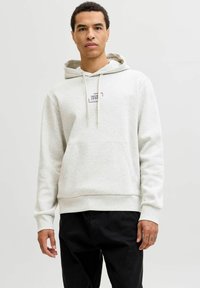 Sweat à capuche gris clair en tissu doux, avec une poche avant et un patch logo sur la poitrine. Le mannequin porte un pantalon noir.