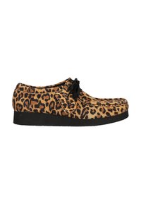 Leopard print shoe in faux fur with black laces and a black rubber sole. Classic moccasin shape with a side tag detail.