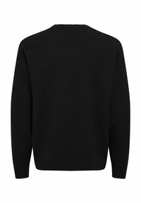 Pull noir avec un col ras du cou classique, manches longues et poignets et ourlet côtelés. Texture lisse, couleur unie sans motifs.