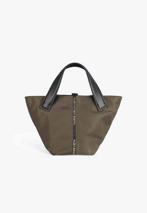 Borsa a tracolla verde oliva con ampi manici neri e striscia verticale nera che mostra "Alexander Smith" in lettere bianche.