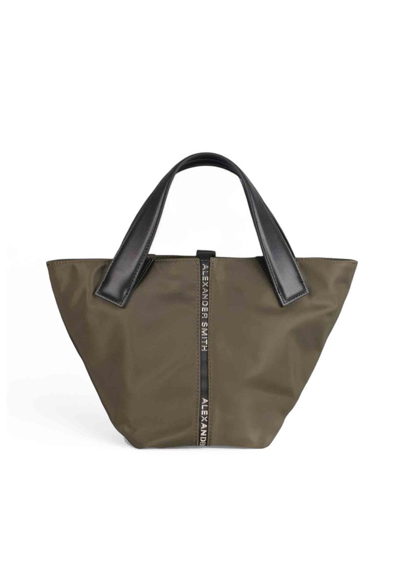 Borsa a tracolla verde oliva con ampi manici neri e striscia verticale nera che mostra "Alexander Smith" in lettere bianche.
