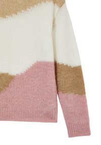 Primo piano di una manica di un maglione a maglia con blocchi di colore, caratterizzata da motivi a zigzag in crema, cammello e rosa polveroso.