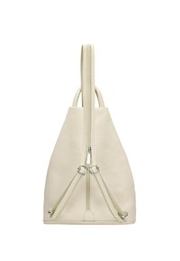 Bežový kožený batoh s texturovaným povrchem, dvoucestnými zipy a nastavitelnými popruhy. Disponuje jedinečným trojúhelníkovým tvarem pro moderní vzhled.