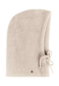 Light gray fleece beanie with a soft, textured surface, rounded shape, and decorative tie accent on one side. Features a small logo.