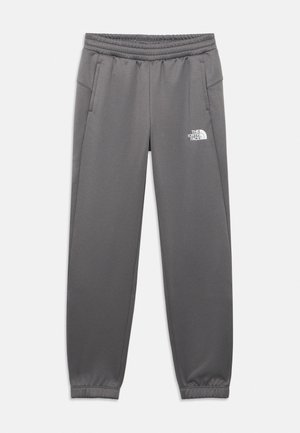 Pantaloni da jogging grigi con vita elastica, tasche laterali e polsini elastici, con il logo bianco di The North Face sulla coscia sinistra.