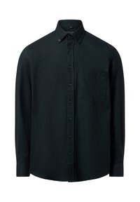 Donkergroen knoopshirt met kraag, lange mouwen, een borstzak en geweven stof. Bevat zwarte knopen en een rechte zoom.