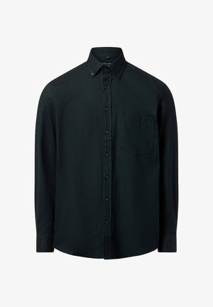 Donkergroen knoopshirt met kraag, lange mouwen, een borstzak en geweven stof. Bevat zwarte knopen en een rechte zoom.