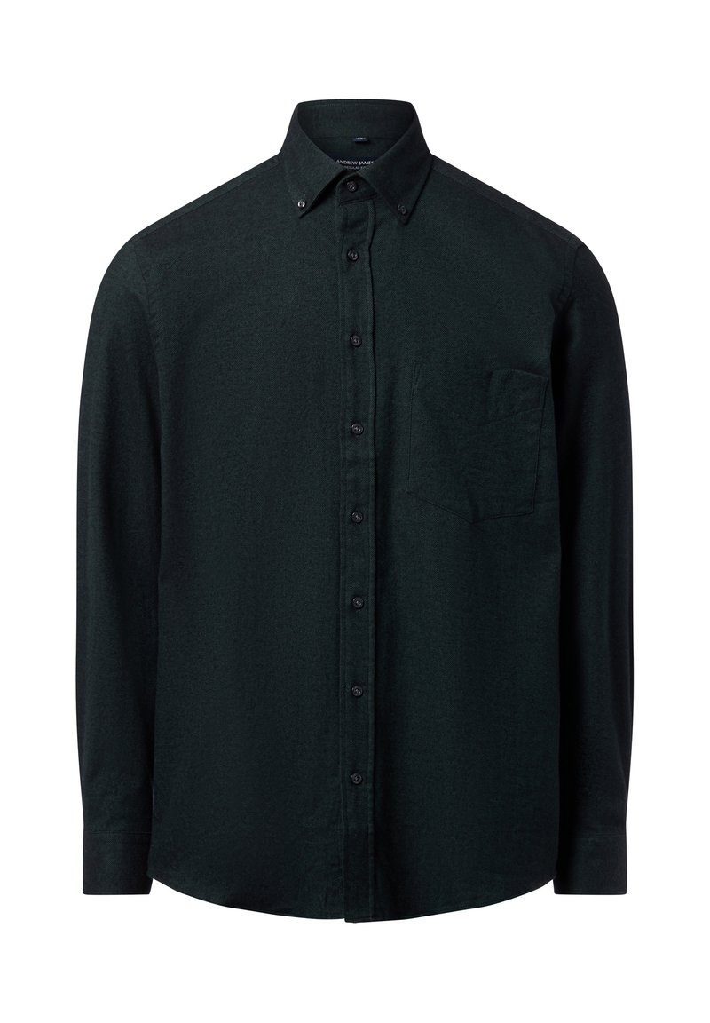 Donkergroen knoopshirt met kraag, lange mouwen, een borstzak en geweven stof. Bevat zwarte knopen en een rechte zoom.