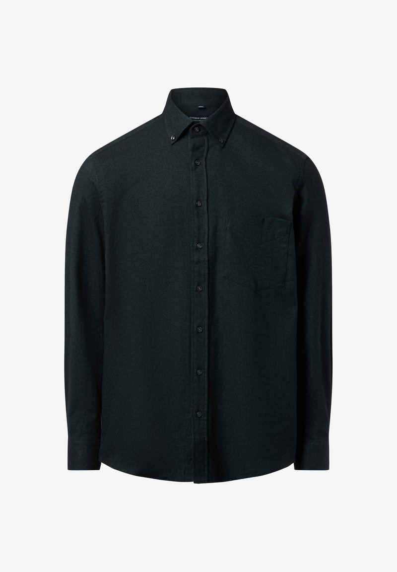 Donkergroen knoopshirt met kraag, lange mouwen, een borstzak en geweven stof. Bevat zwarte knopen en een rechte zoom.