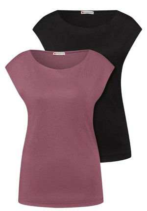 Zwei kurzärmelige Damenoberteile, eines in Mauve und eines in Schwarz, mit abgerundeten Ausschnitten und schlichtem, eng anliegendem Design.