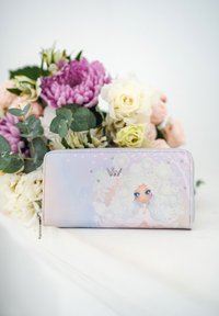 Wallet with a pastel color gradient, featuring an illustrated character with curly white hair. Silver zipper and decorative gem accents.