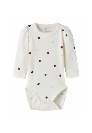 Body bébé blanc à manches longues avec des pois roses, rouges et marron, col rond et trois boutons pression à l'entrejambe.