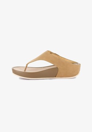 Sandalo infradito con zeppa color beige, sottopiede imbottito e tallone chiuso in un design elegante e minimalista su sfondo bianco.