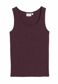 Burgundy tank top yang terbuat dari katun halus, dengan leher bulat dan tali bahu tipis, serta desain yang sederhana dan pas. Label ukuran terlihat.