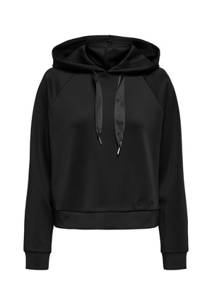 Felpa nera con cappuccio realizzata in tessuto liscio, con cappuccio foderato, lacci in satin, polsini aderenti e orlo corto. Presenta un ricamo del logo discreto.