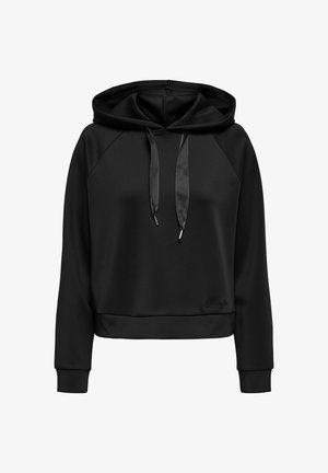 Felpa nera con cappuccio realizzata in tessuto liscio, con cappuccio foderato, lacci in satin, polsini aderenti e orlo corto. Presenta un ricamo del logo discreto.