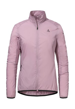 Light purple women's lightweight zip-up jacket with high collar, long sleeves, side pockets, and black logo on chest and sleeve.