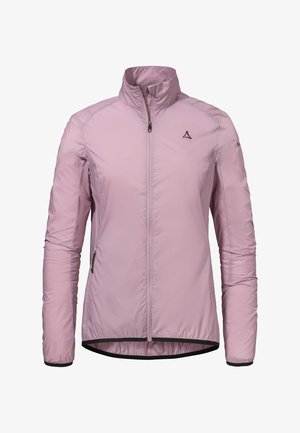 Leicht violette Damenjacke mit Reißverschluss, hohem Kragen, langen Ärmeln, Seitentaschen und schwarzem Logo auf Brust und Ärmel.