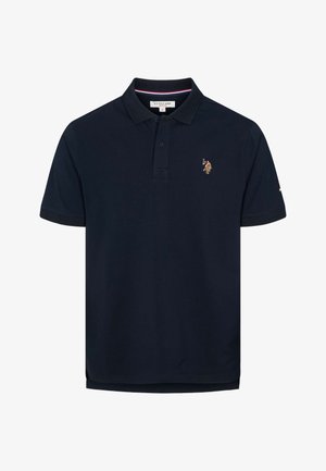 Marineblaues Poloshirt aus Baumwolle mit zweiknöpfiger Knopfleiste, kurzen Ärmeln und einem kleinen, gestickten Logo auf der Brust.