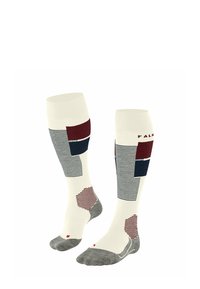 Calze fino al ginocchio di colore avorio con motivi geometrici in bordeaux, blu navy e grigio. Presentano sezioni rigate e solide con punta imbottita.