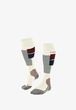 Knielange Socken in Off-White mit geometrischen Mustern in Bordeaux, Marineblau und Grau. Bestehen aus gestreiften und einfarbigen Abschnitten mit gepolstertem Zehenbereich.