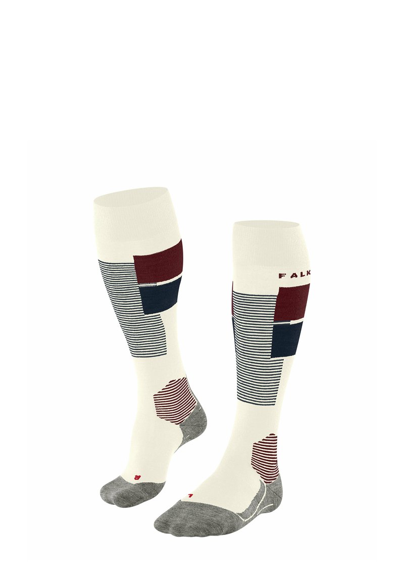 Calze fino al ginocchio di colore avorio con motivi geometrici in bordeaux, blu navy e grigio. Presentano sezioni rigate e solide con punta imbottita.
