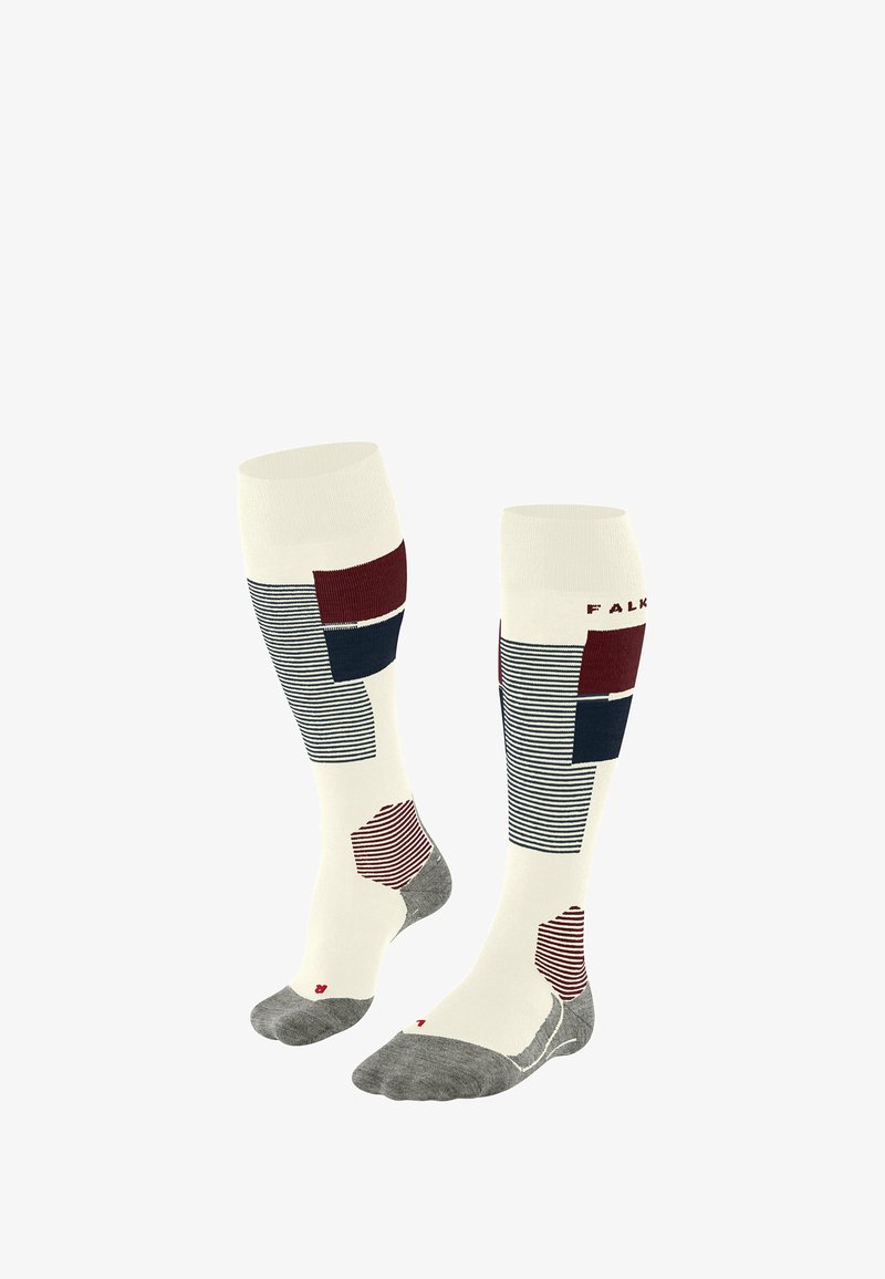 Calze fino al ginocchio di colore avorio con motivi geometrici in bordeaux, blu navy e grigio. Presentano sezioni rigate e solide con punta imbottita.